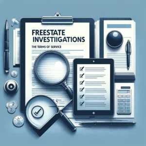 Visual representation of Freestate Investigations, LLC Terms of Service with a magnifying glass, documents, a digital tablet with a checklist, and a pen in shades of blue and grey.