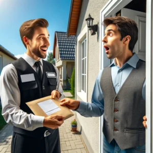 Professional process server handing legal documents to a surprised recipient at their door in a suburban neighborhood