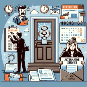 Illustration depicting the process of serving legal documents, including a process server knocking on a door, a calendar with multiple dates marked, and a frustrated person reading an affidavit of non service. Icons representing alternative service methods like newspaper publication, mail, and notice posting are also shown.