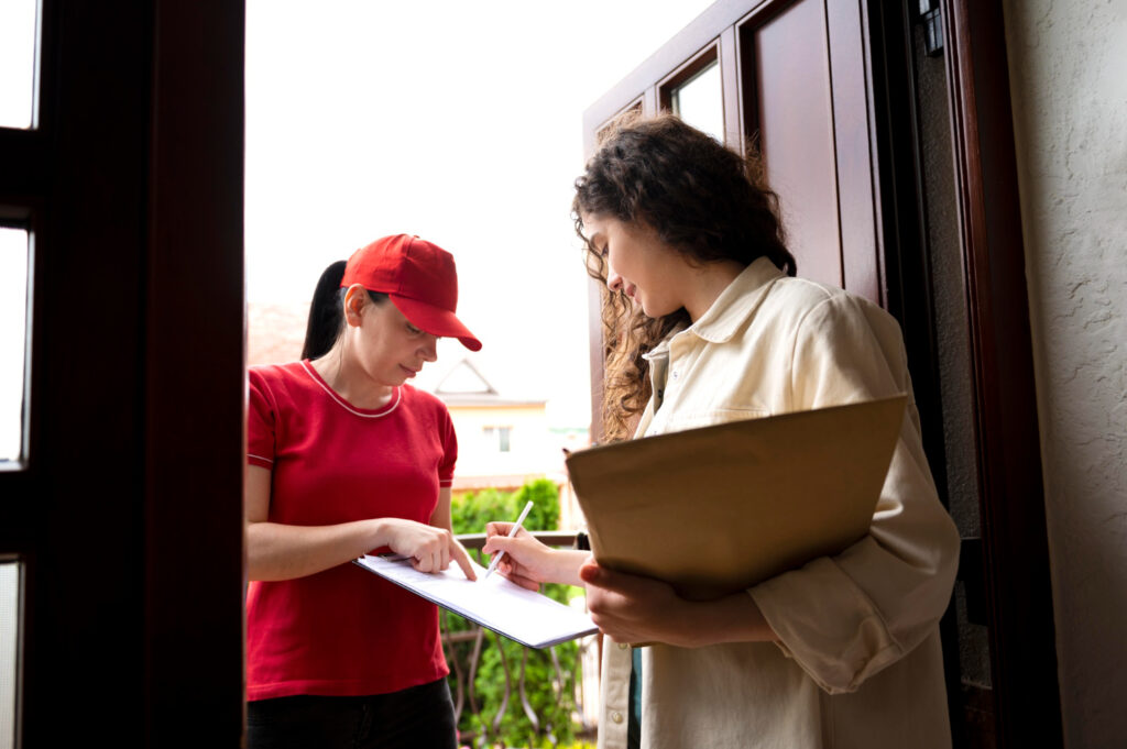 Process server in red cap and shirt handing legal documents to a woman at her front door, illustrating a typical personal service of process attempt in Maryland or Washington DC